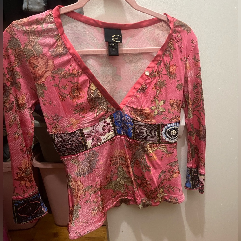 Vintage Roberto/Just Cavalli Pink and Blue Floral V-Neck Top